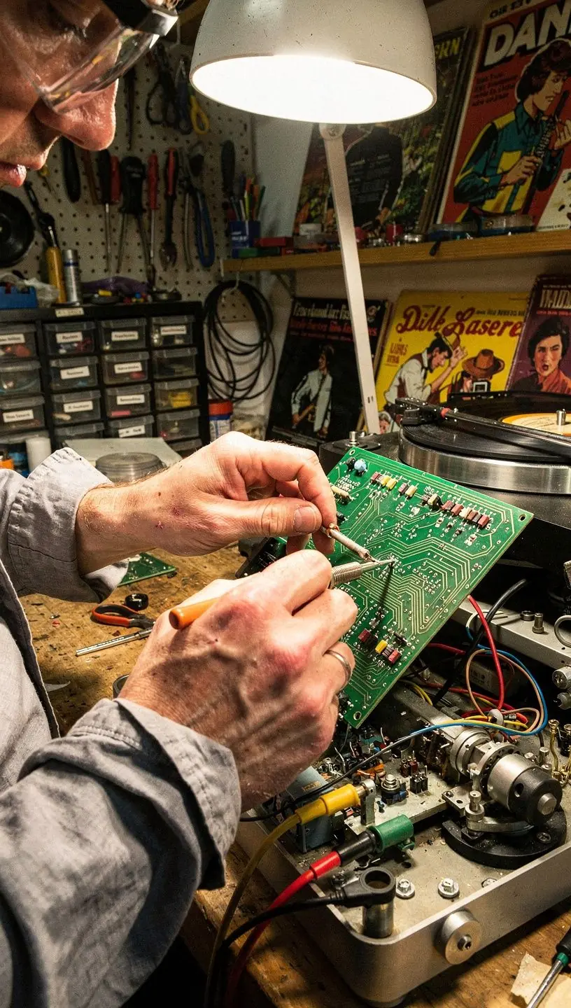 Tonearm adjustment on a vinyl turntable for sound quality.