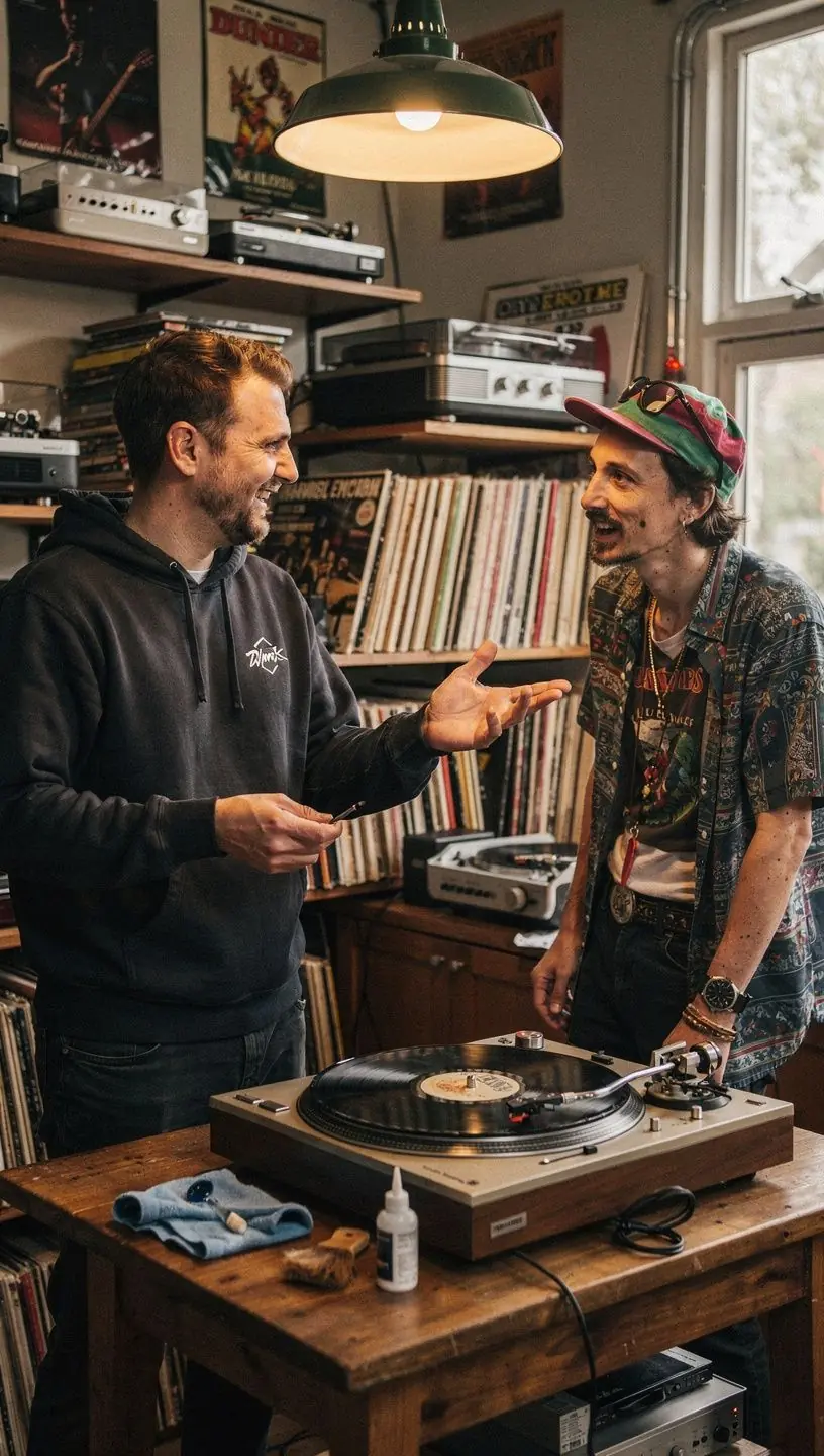 Turntable technician diagnosing common issues in workshop.